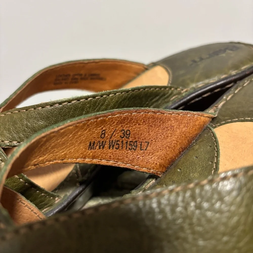 NEW Born Olive Green Leather Slip On Wedge Comfort Sandals Size 8
